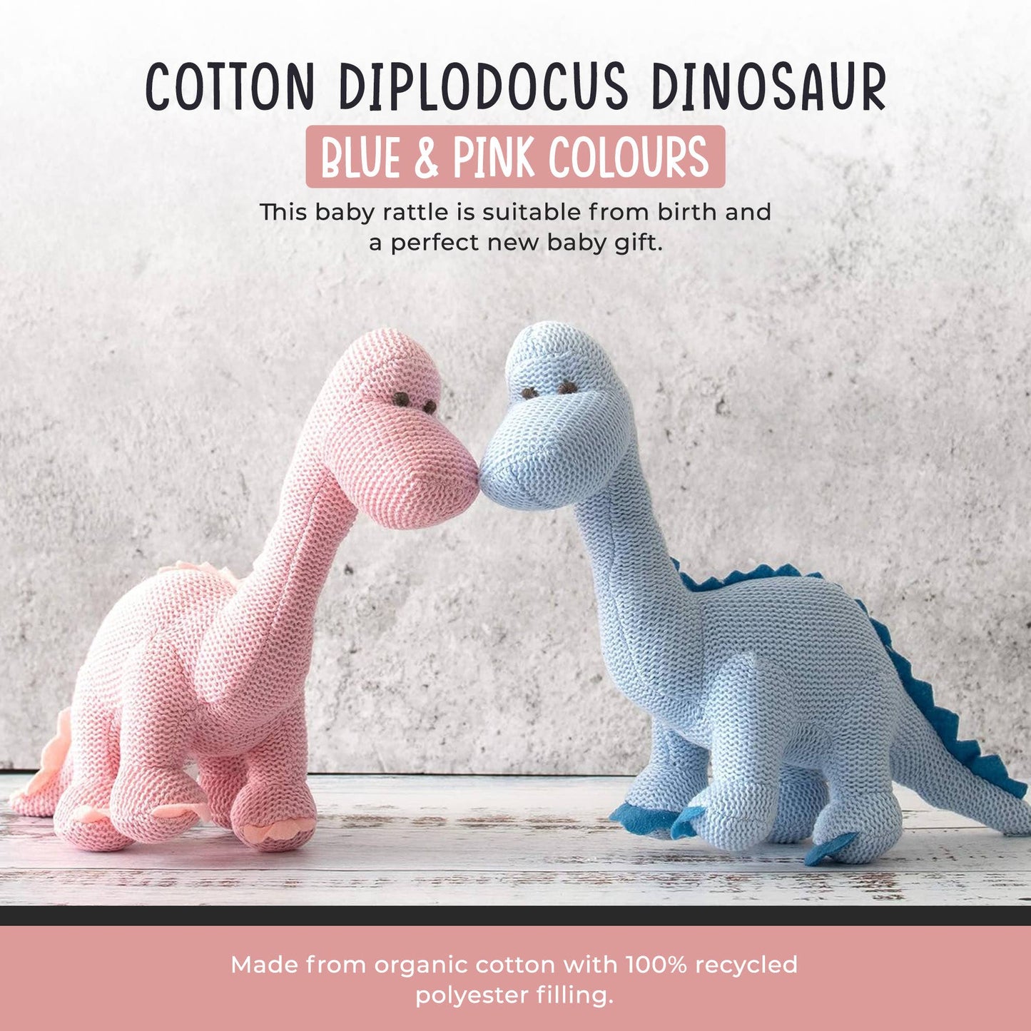 Dinosaur Baby Rattle, Knitted Organic Cotton Blue Diplodocus