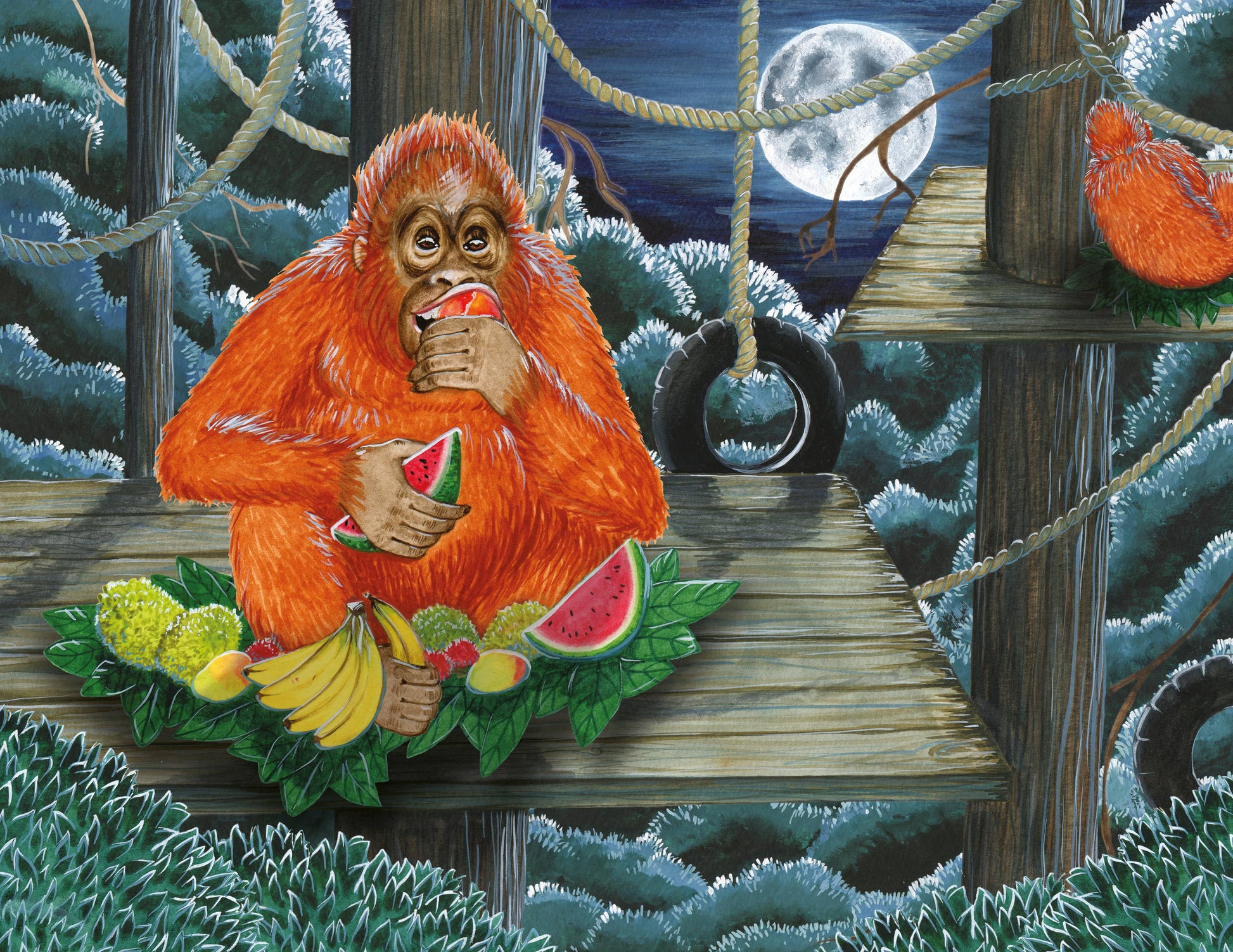 Orangutan sitting on a platform with fruit, surrounded by ropes and a full moon in the background.
