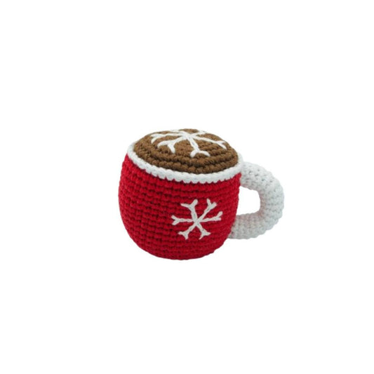 Xmas Hot Chocolate Cup Baby Rattle, Handmade Crochet Organic