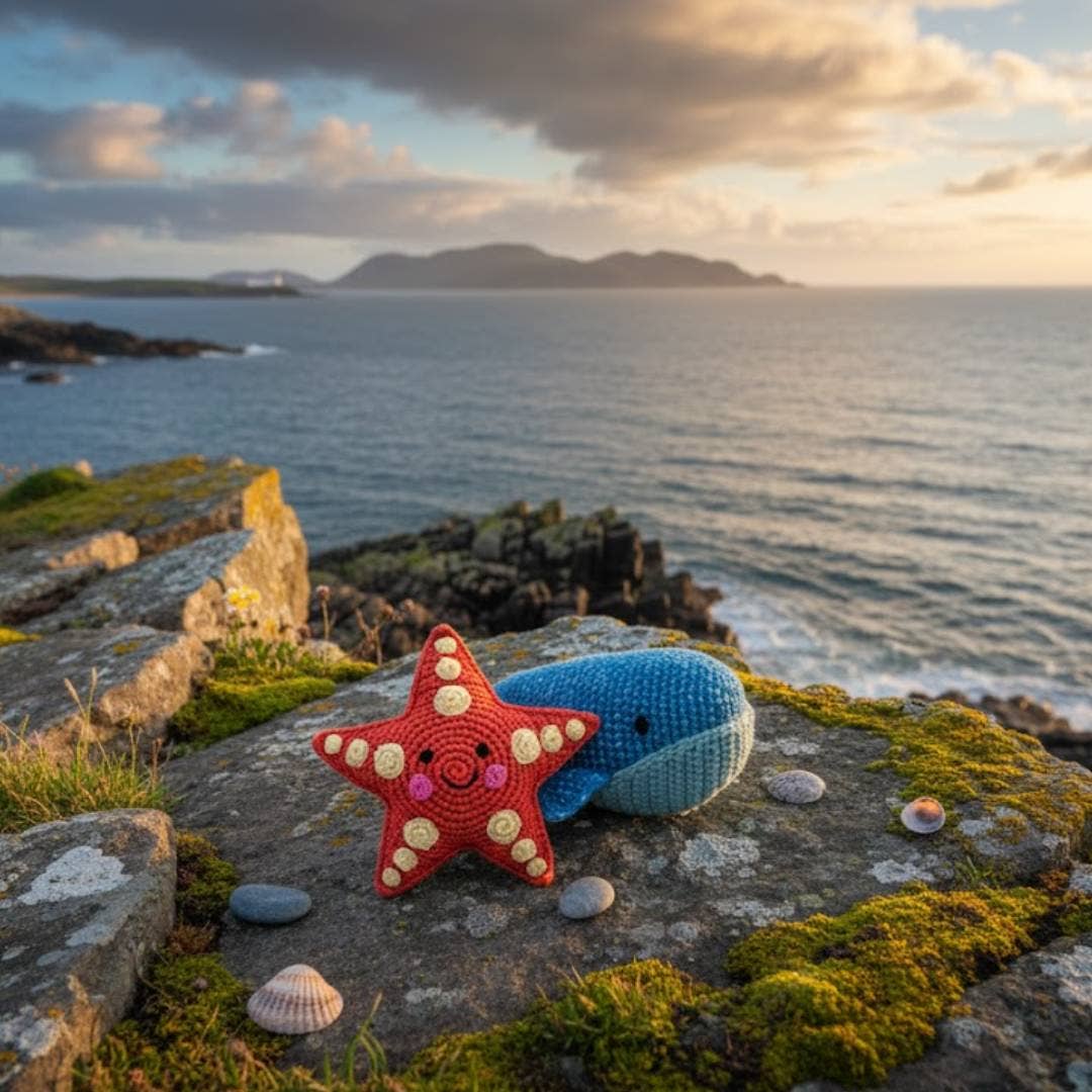 Crocheted starfish and whale toy on a rocky coastal landscape with ocean and sunset.