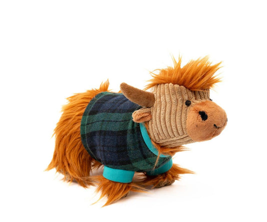 Plush toy horse with a plaid shirt on a white background
