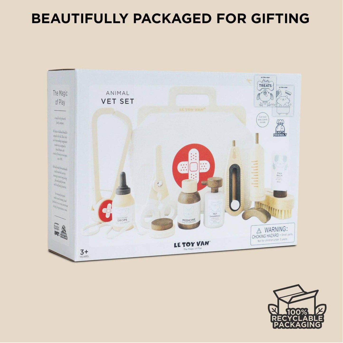 Le Toy Van animal vet set packaging on a beige background with recyclable packaging label.