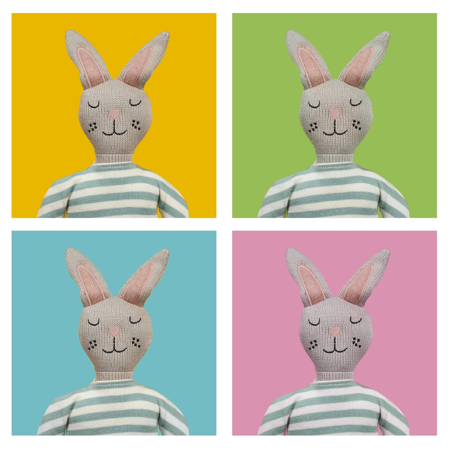 Knitted bunny toy with a striped sweater on a yellow, green, blue, and pink background.