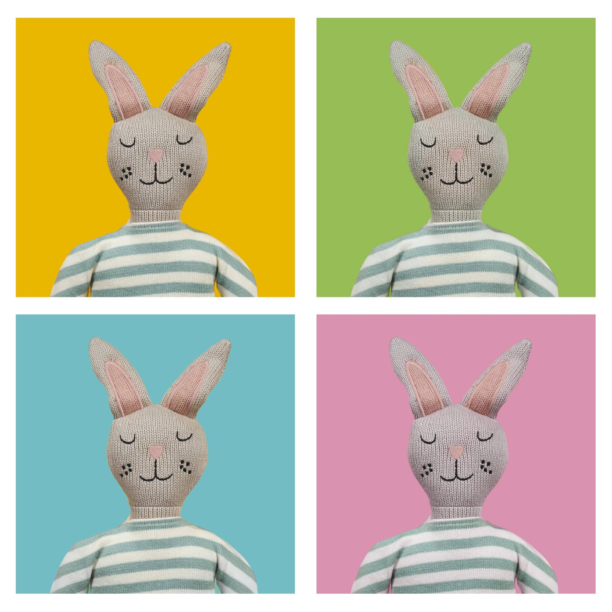 Knitted bunny toy with a striped sweater on a yellow, green, blue, and pink background.