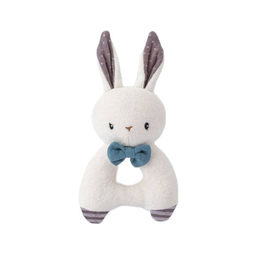 White plush bunny toy with a blue bow tie on a white background