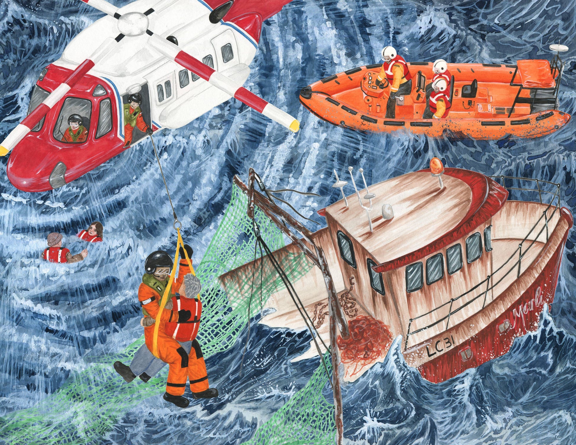 Illustration of a rescue scene with a helicopter, boat, and person in an orange life jacket on a rough sea.