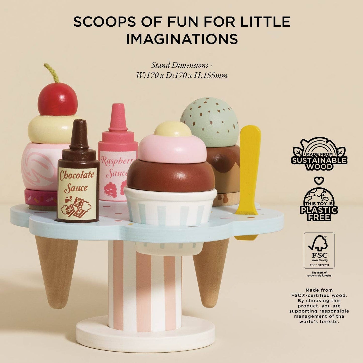 Wooden ice cream set with cones, toppings, and a stand on a beige background.