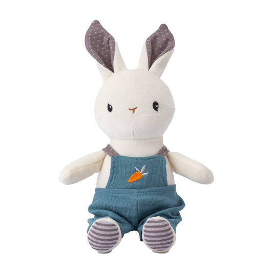 Plush toy rabbit wearing blue overalls on a white background