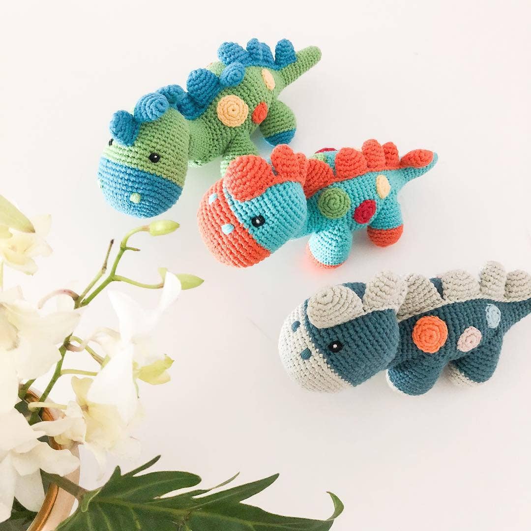 Crochet 2 in 1 Pull along toy dinosaur steggi Petrol blue