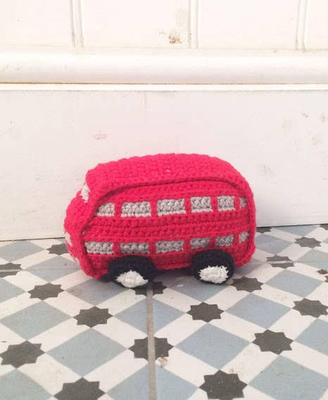 Red London Bus Baby Rattle, Crochet Organic Handmade