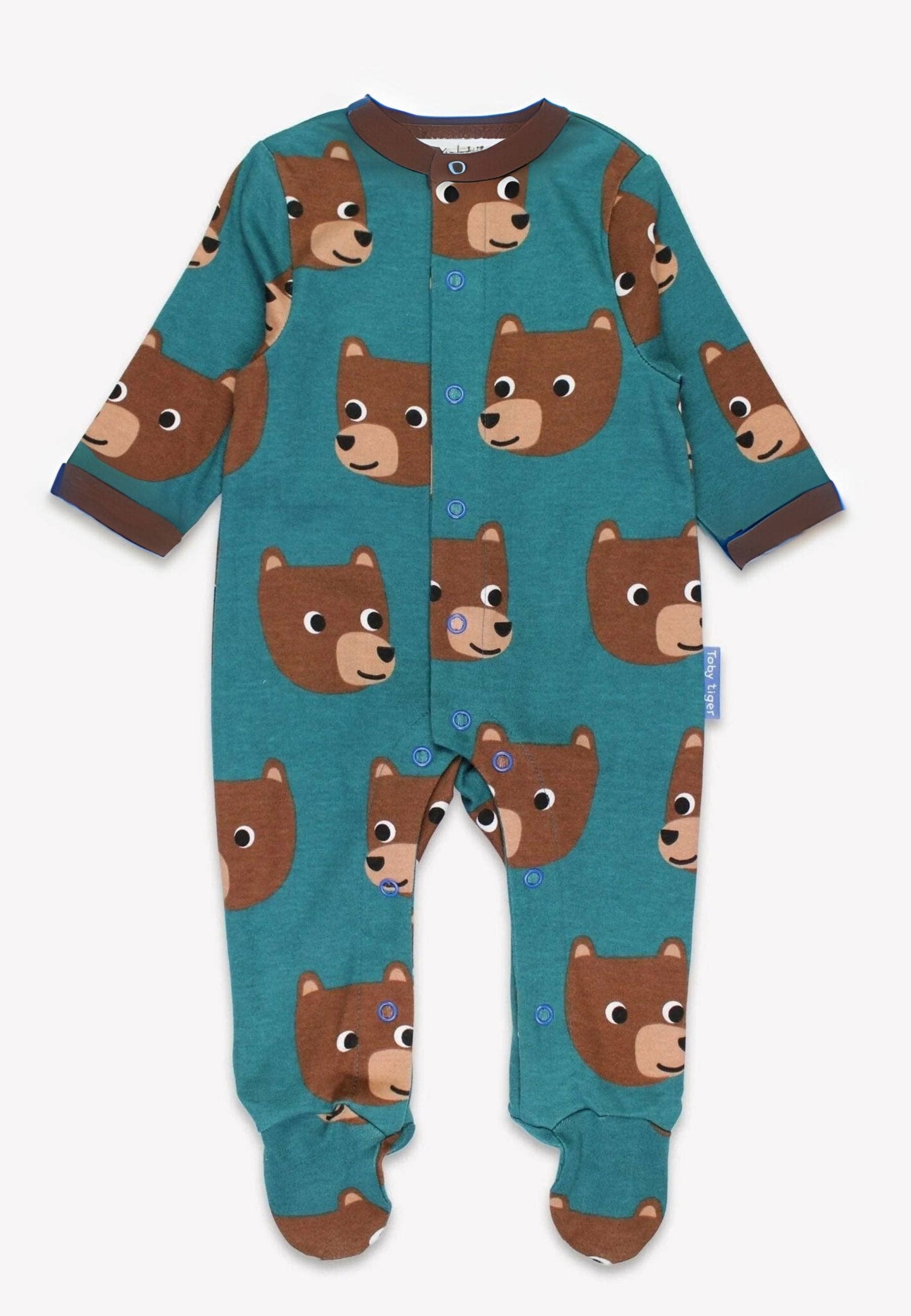 Teal baby onesie with bear pattern on a white background