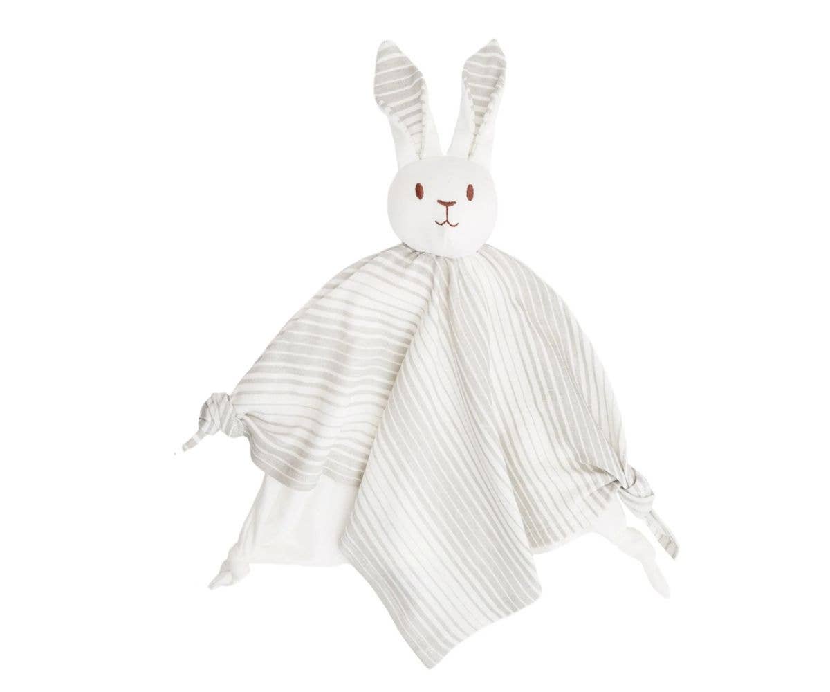 White rabbit-shaped comfort blanket with striped pattern on a white background