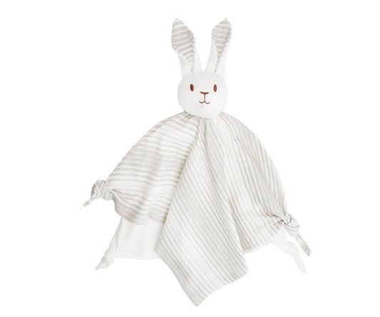 White rabbit-shaped comfort blanket with striped pattern on a white background