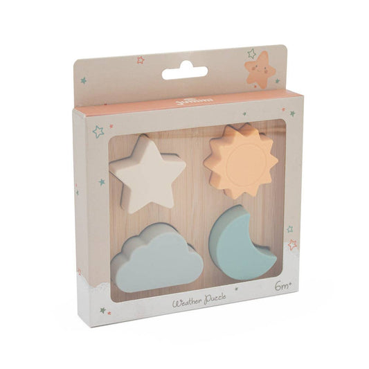 Packaged wooden weather puzzle with star, sun, and cloud shapes on a white background