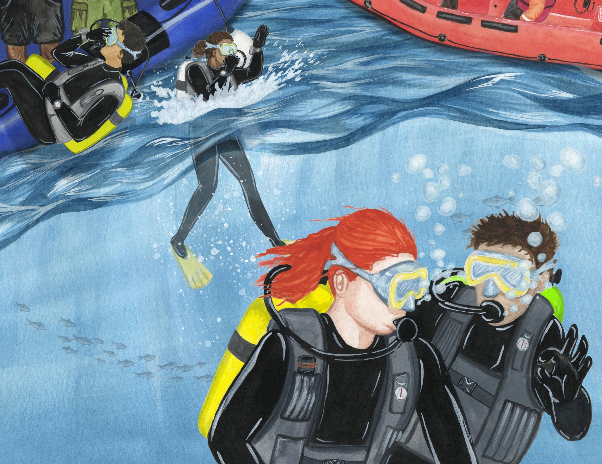 Illustration of two scuba divers underwater with people in rafts above water.