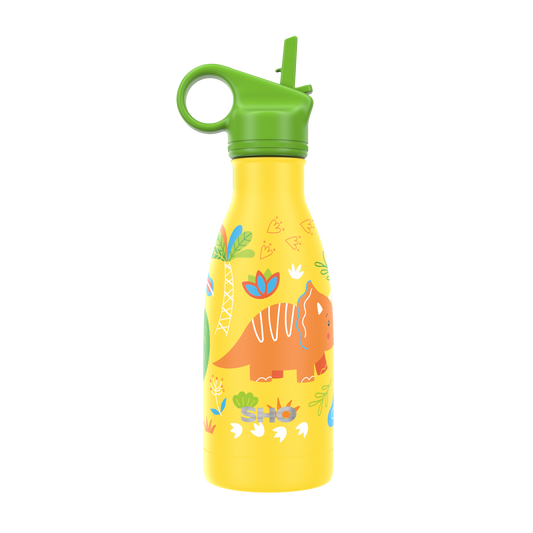 Yellow water bottle with dinosaur design and green lid on a white background