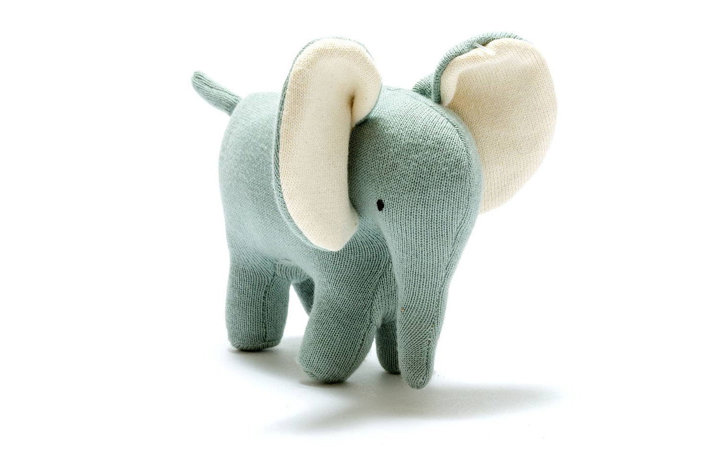 Plush elephant toy with light blue body and cream ears on a white background