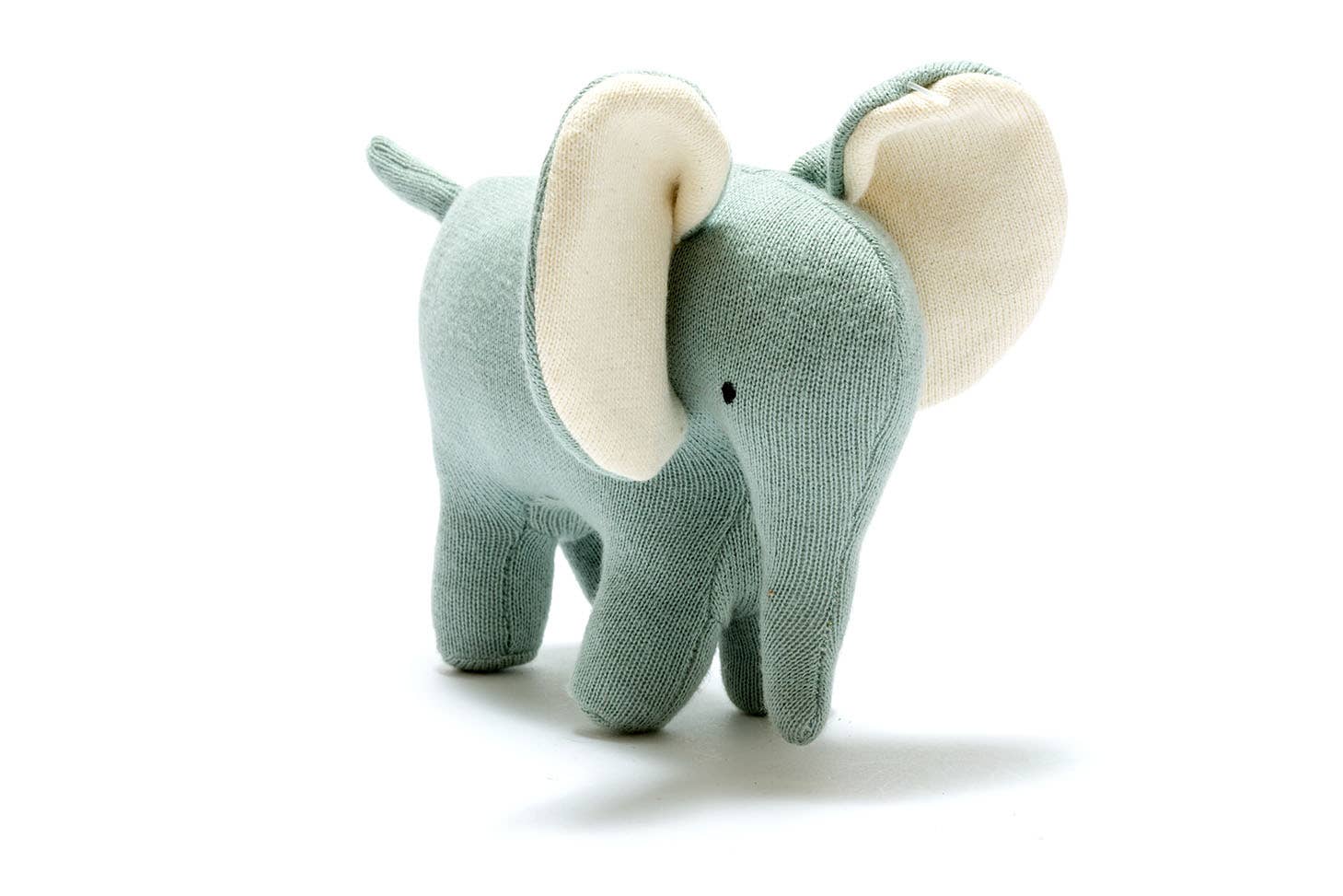 Plush elephant toy with light blue body and cream ears on a white background