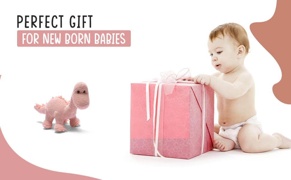 Dinosaur Baby Rattle, Knitted Organic Cotton Pink Diplodocus