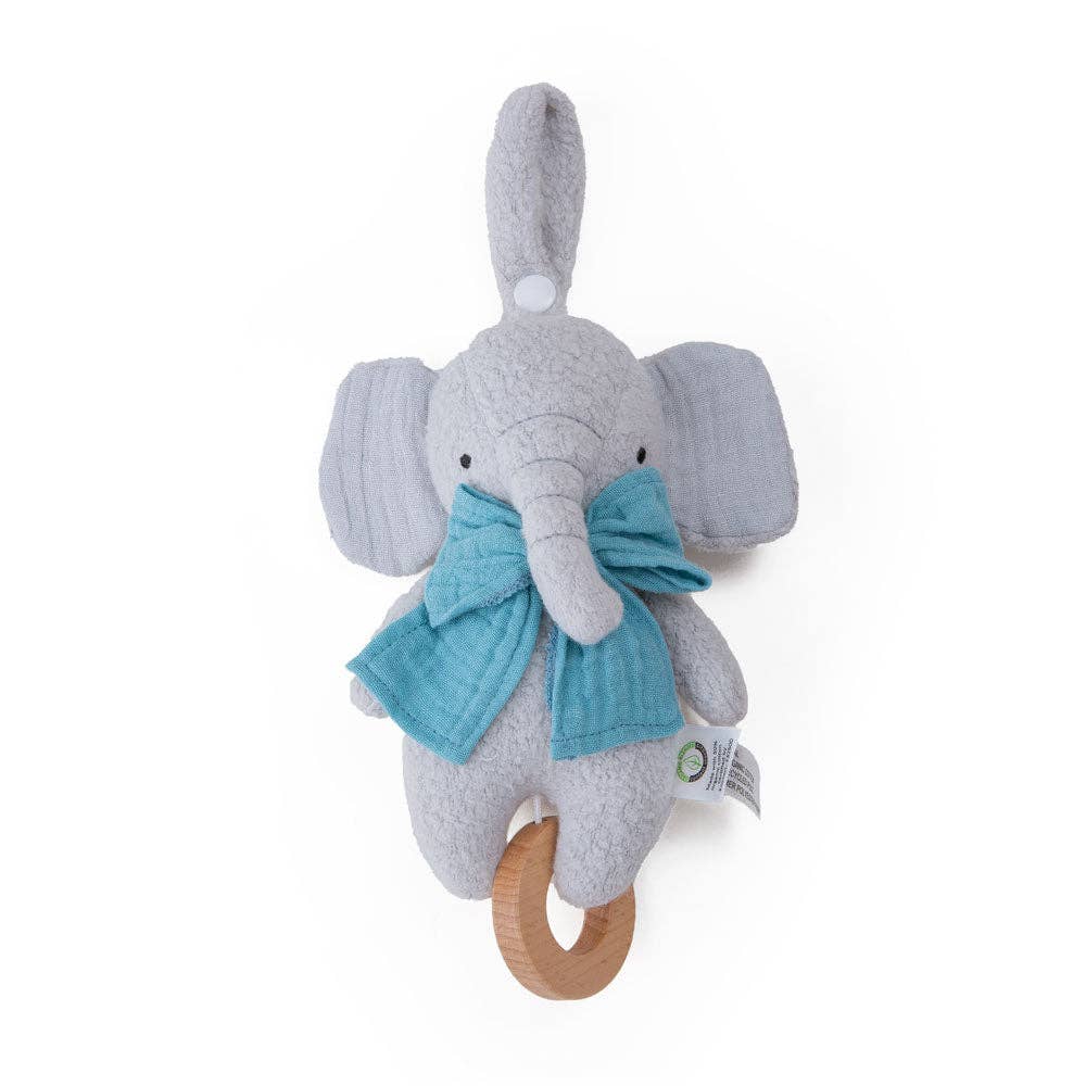 Gray elephant plush toy with a blue bow and wooden teether on a white background