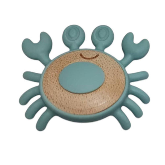 Teal crab-shaped teething ring on a white background