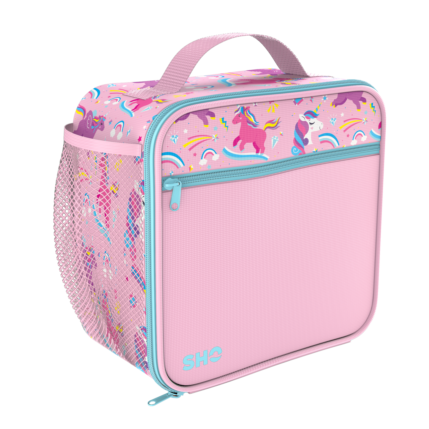 Pink lunch bag with unicorn design on a white background