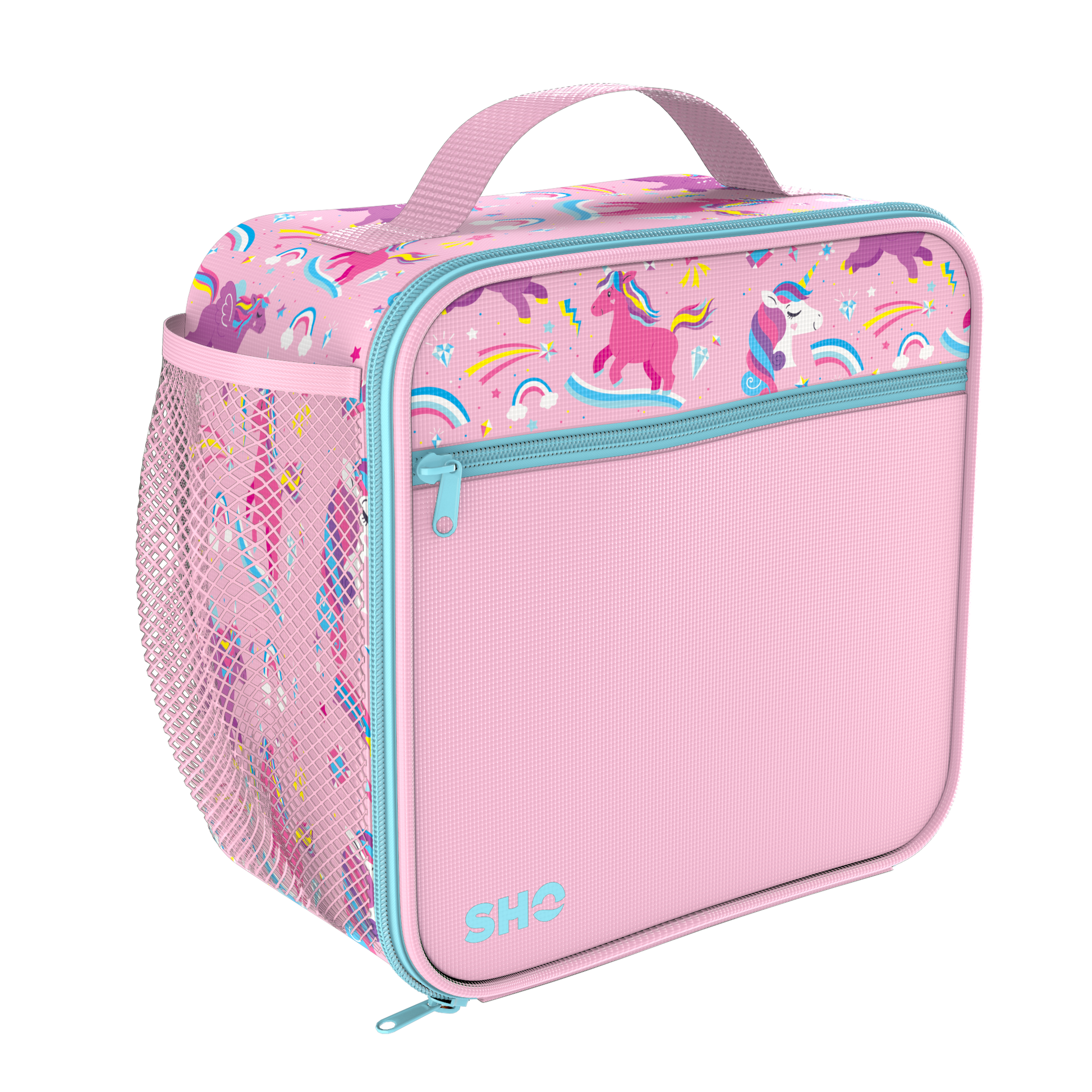 Pink lunch bag with unicorn design on a white background