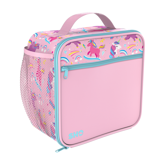 Pink lunch bag with unicorn design on a white background