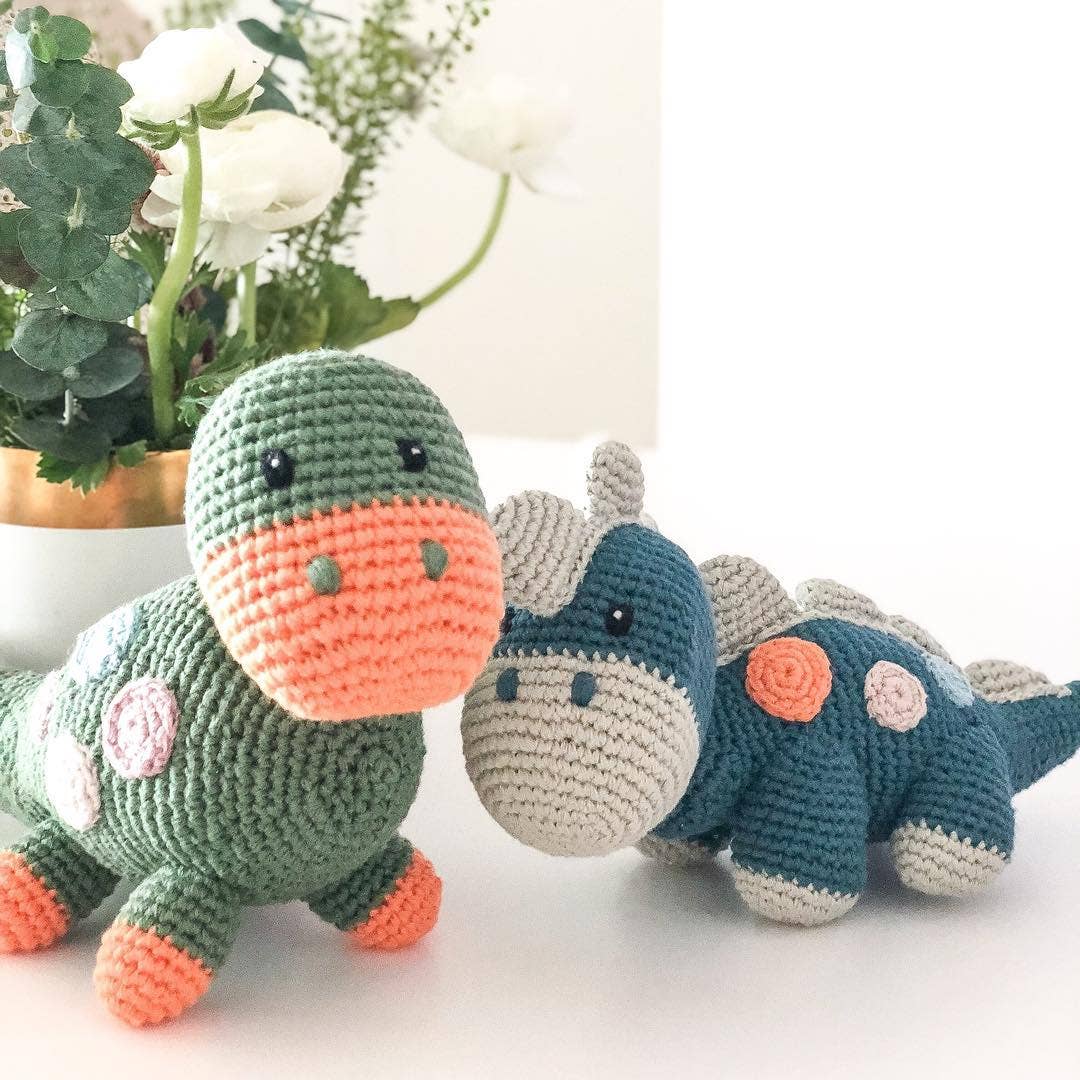 Crochet 2 in 1 Pull along toy dinosaur steggi Petrol blue