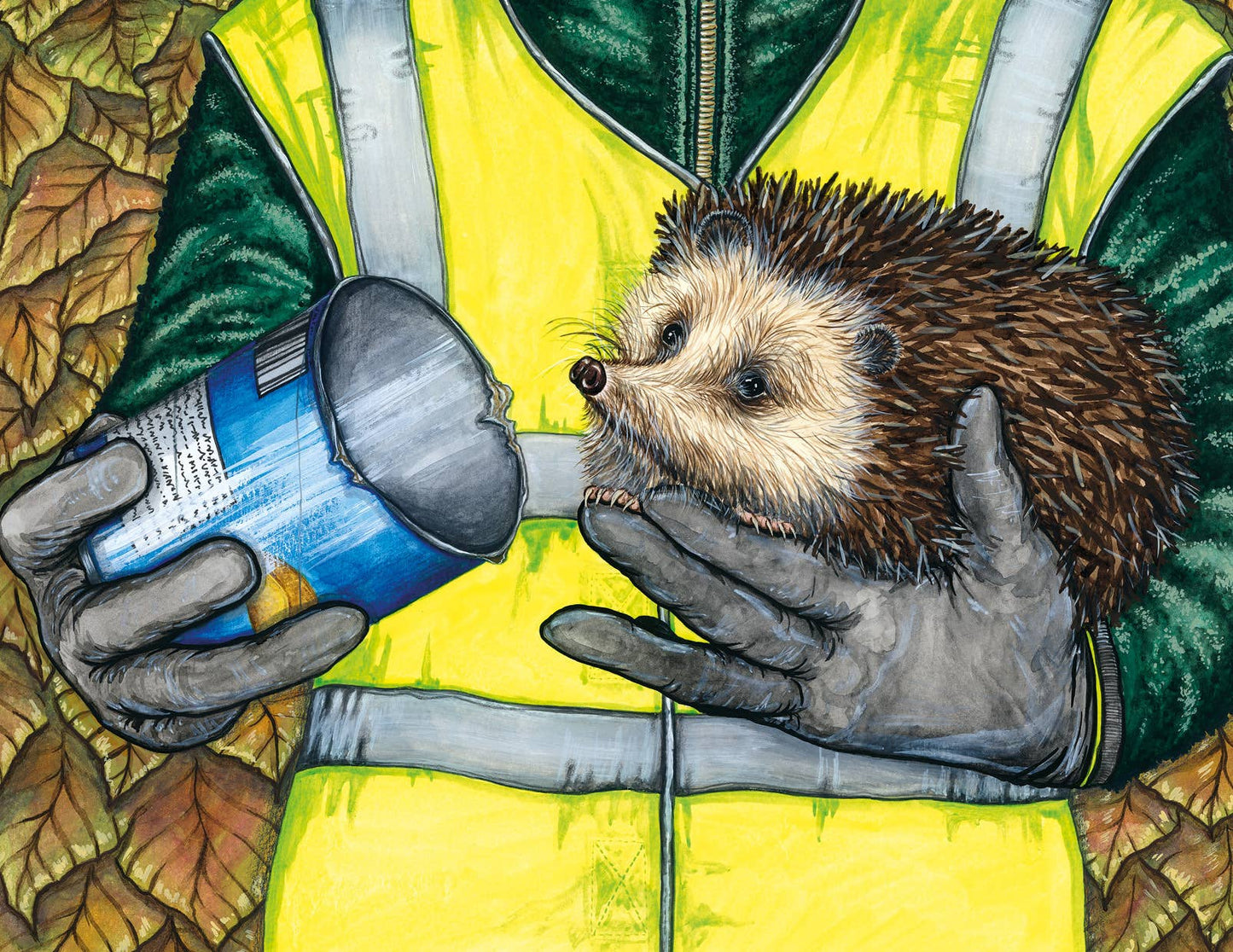 Person in high-visibility jacket holding a hedgehog and a tin can with autumn leaves in the background