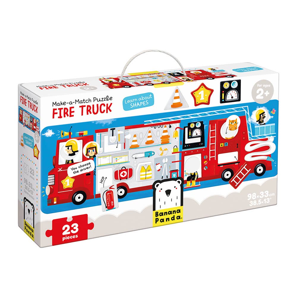 Boxed fire truck puzzle with colorful graphics on a white background