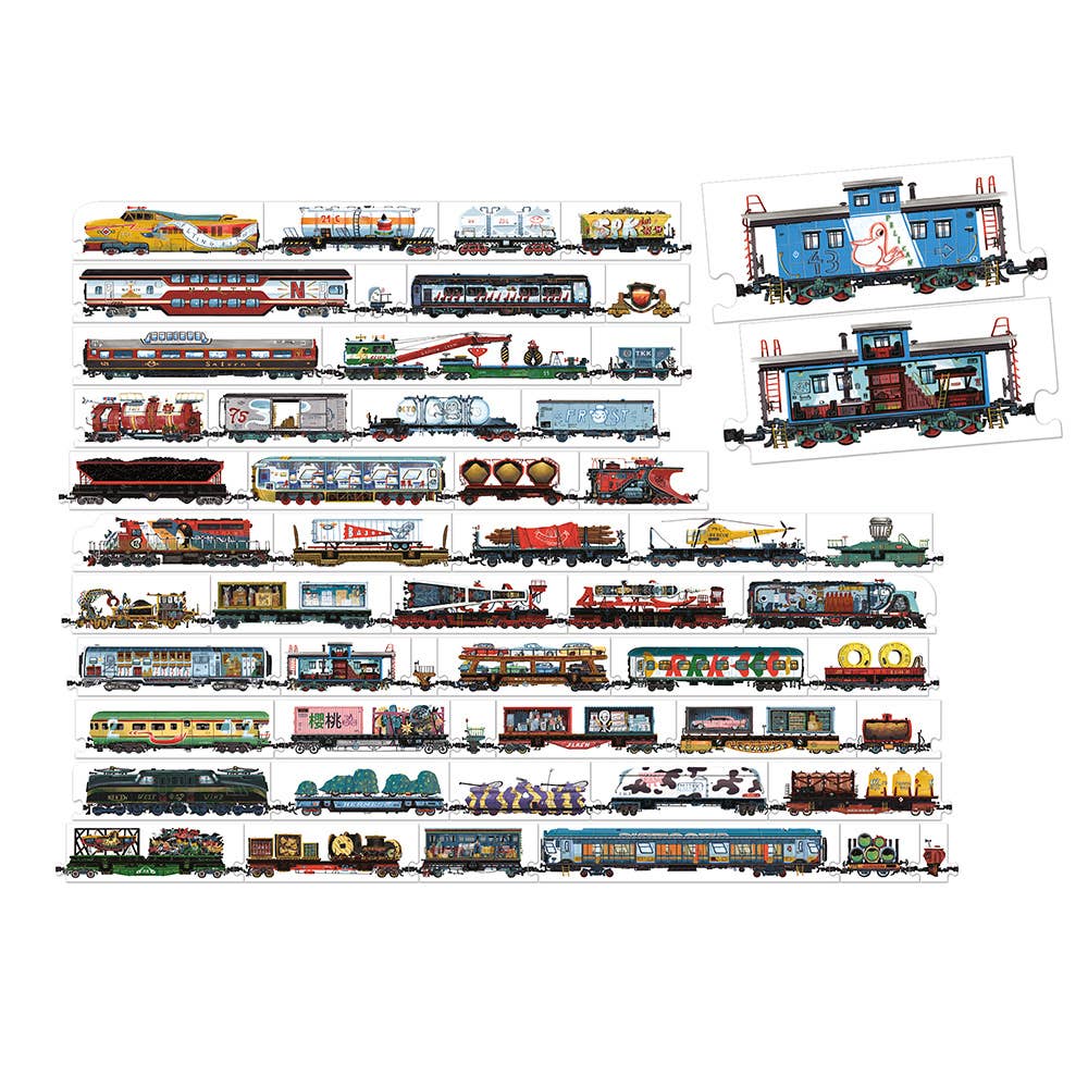 Collection of toy train models on a white background