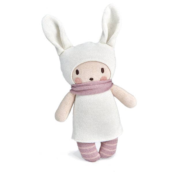 Stuffed toy with bunny ears and a white outfit on a white background