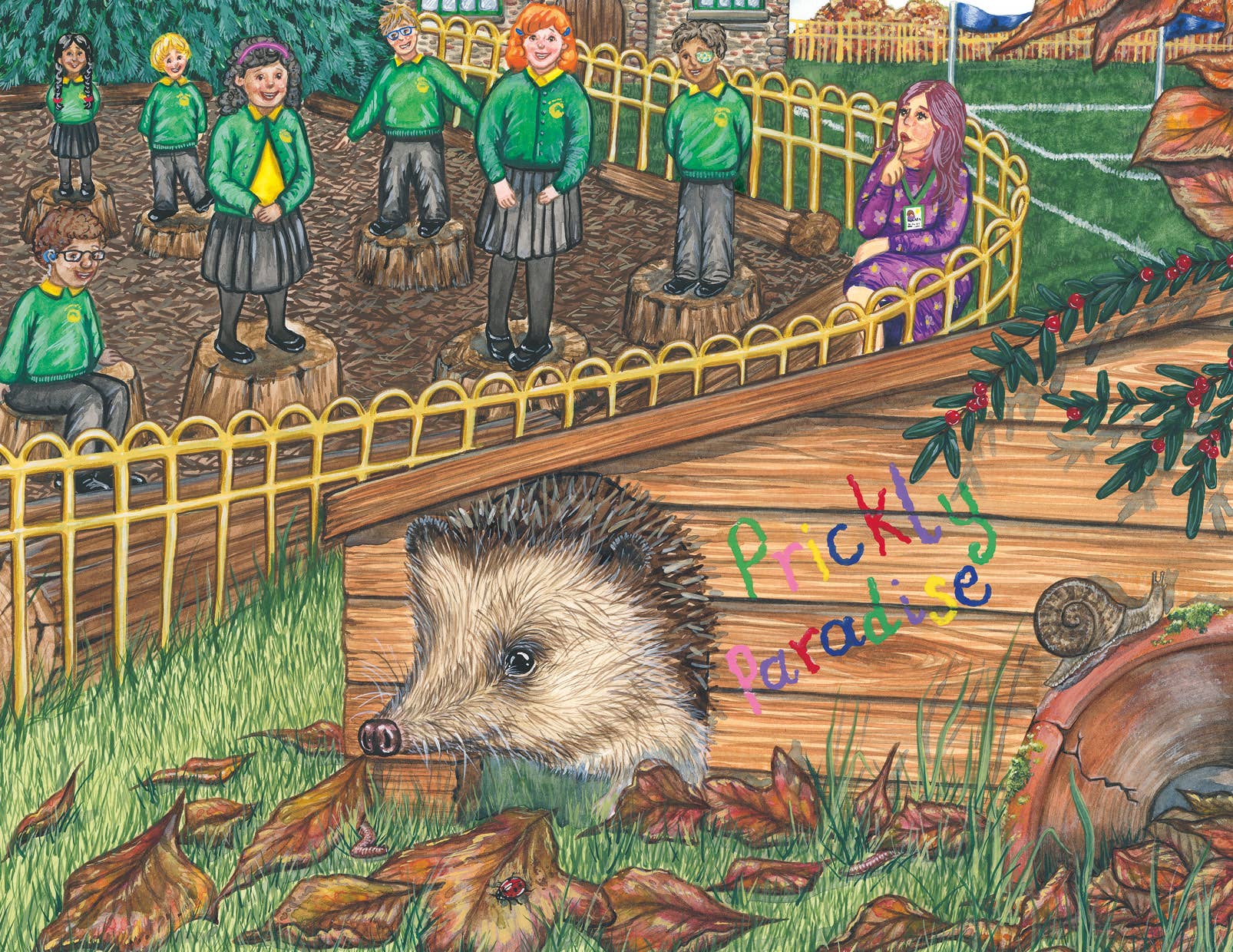 Illustration of a hedgehog in a garden with children and a sign reading 'Picklely Parker'.