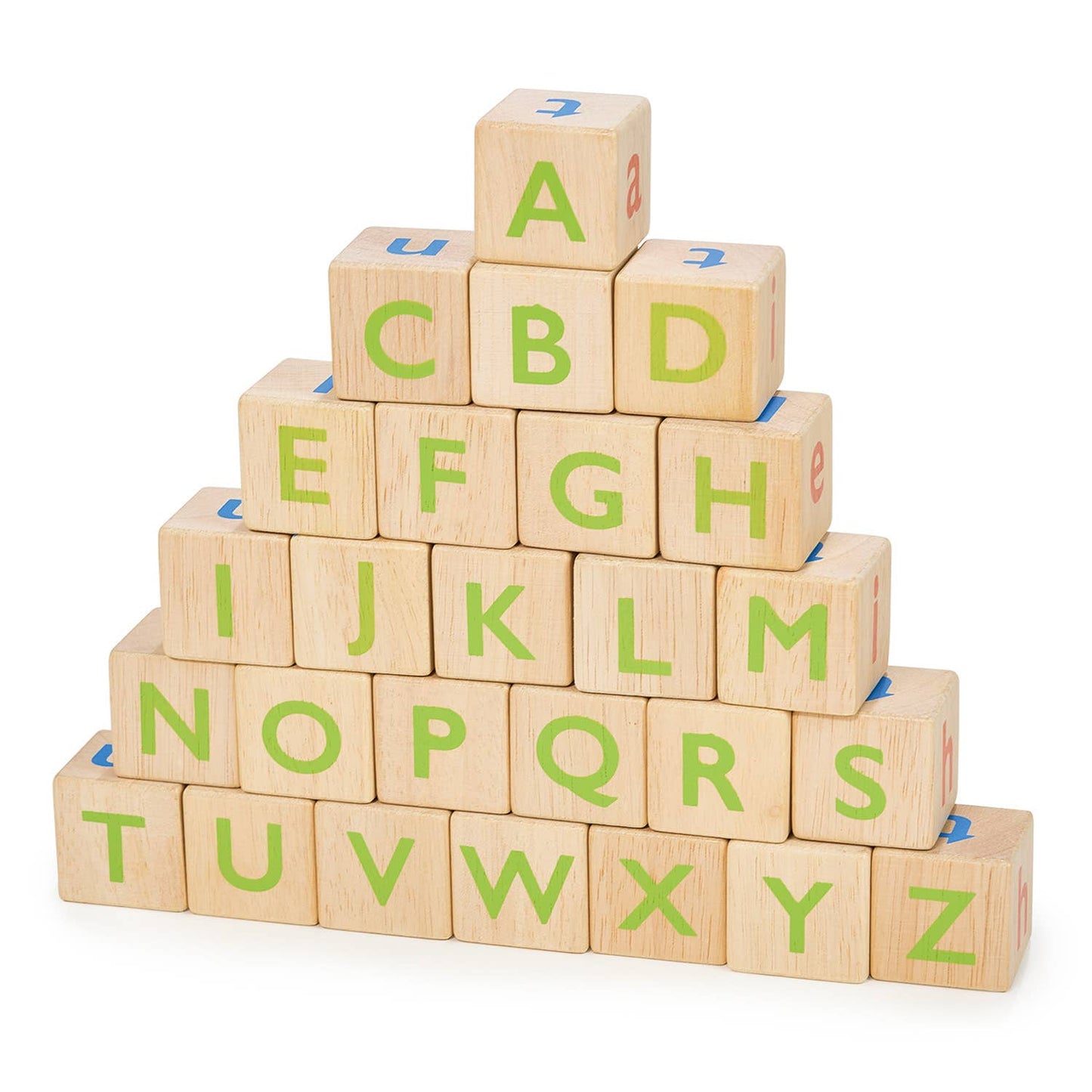 Wooden alphabet blocks with green letters arranged in a pyramid shape on a white background