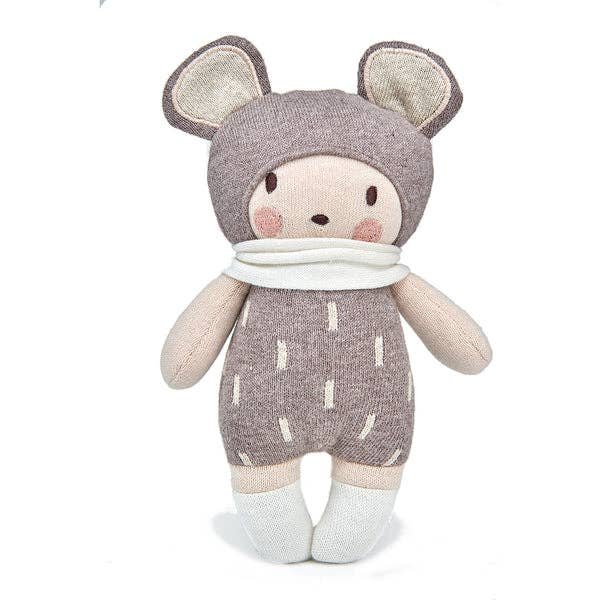 Stuffed toy in a gray outfit with mouse ears on a white background