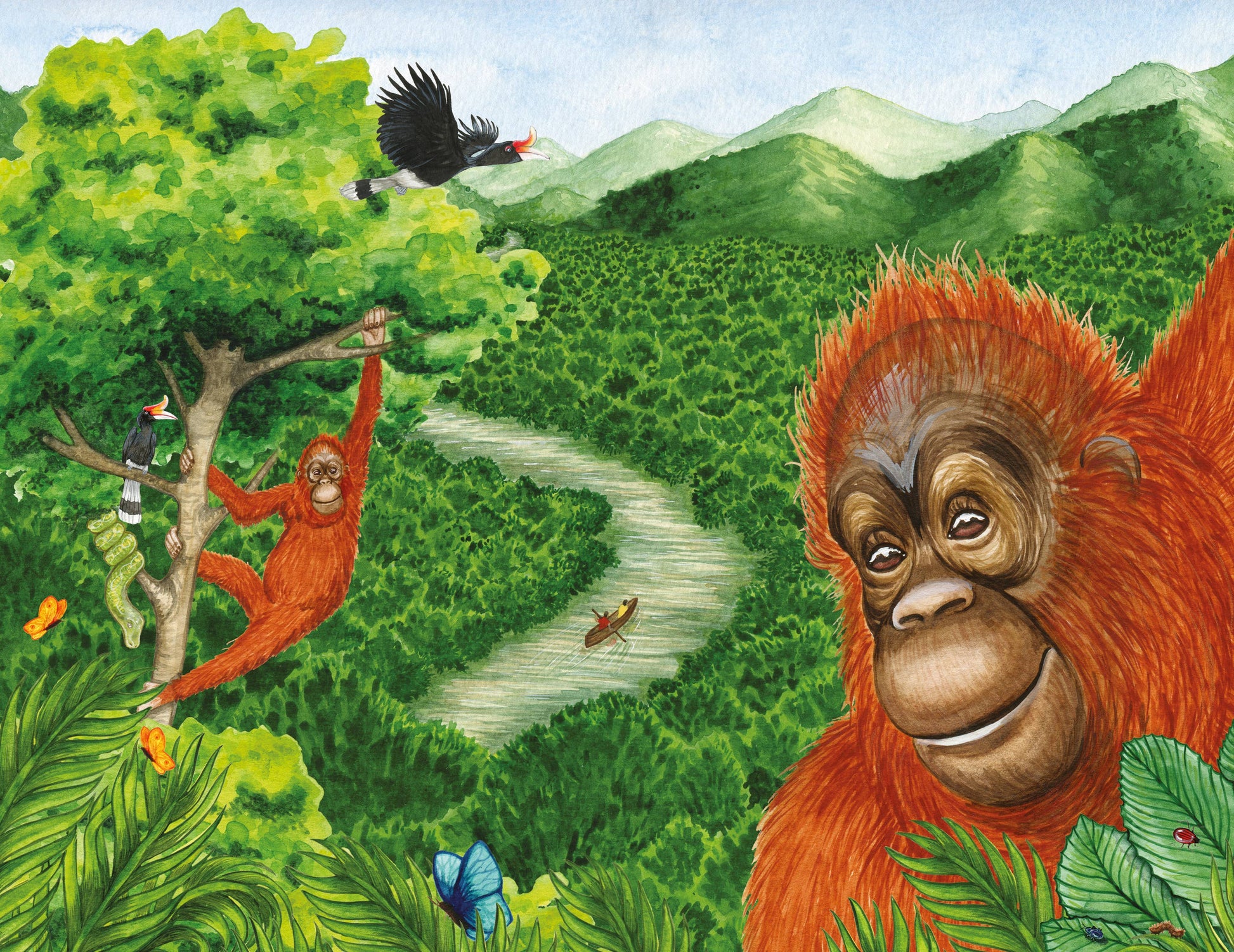 Illustration of orangutans in a lush jungle with mountains in the background