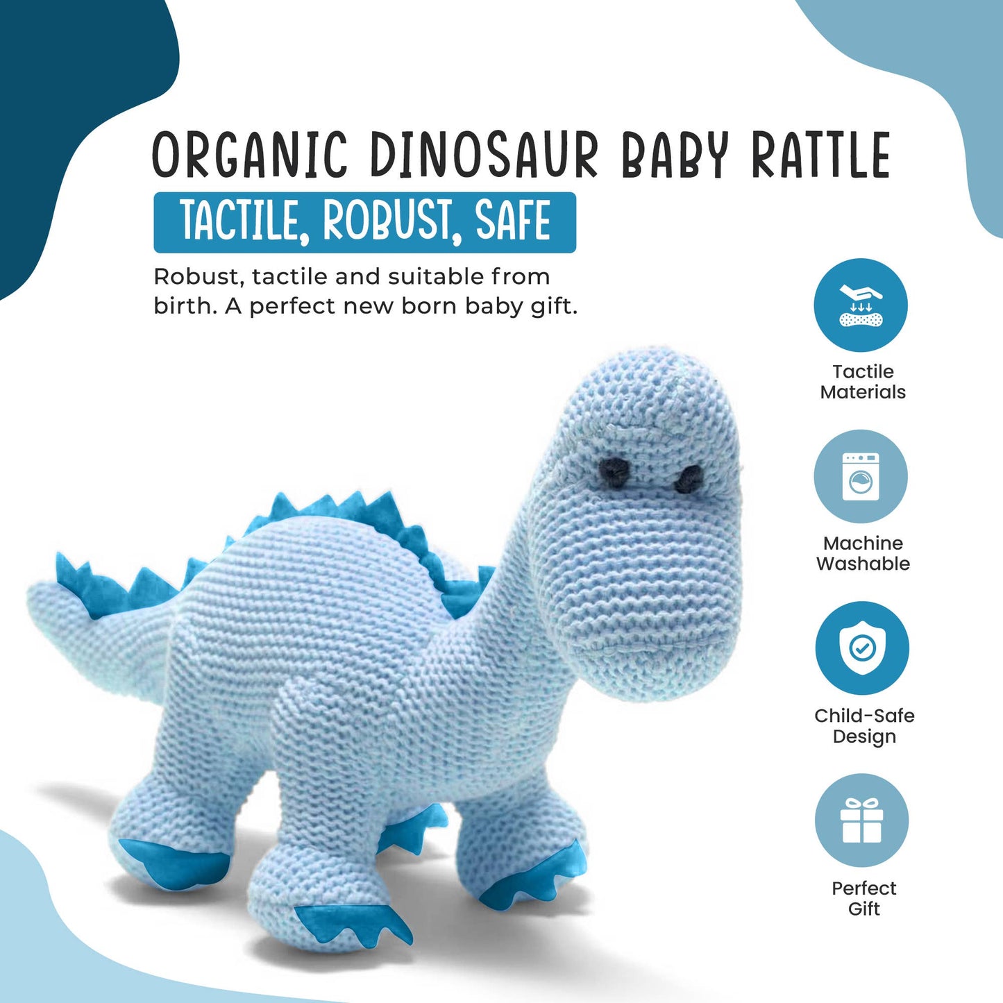 Dinosaur Baby Rattle, Knitted Organic Cotton Blue Diplodocus