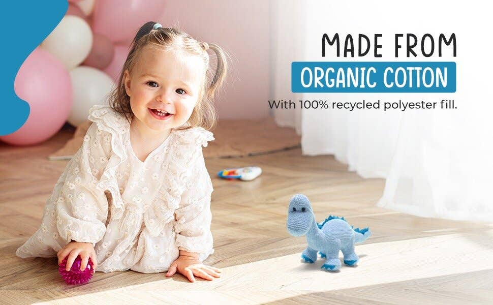 Dinosaur Baby Rattle, Knitted Organic Cotton Blue Diplodocus