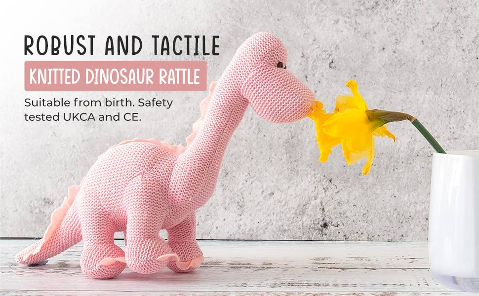 Dinosaur Baby Rattle, Knitted Organic Cotton Pink Diplodocus