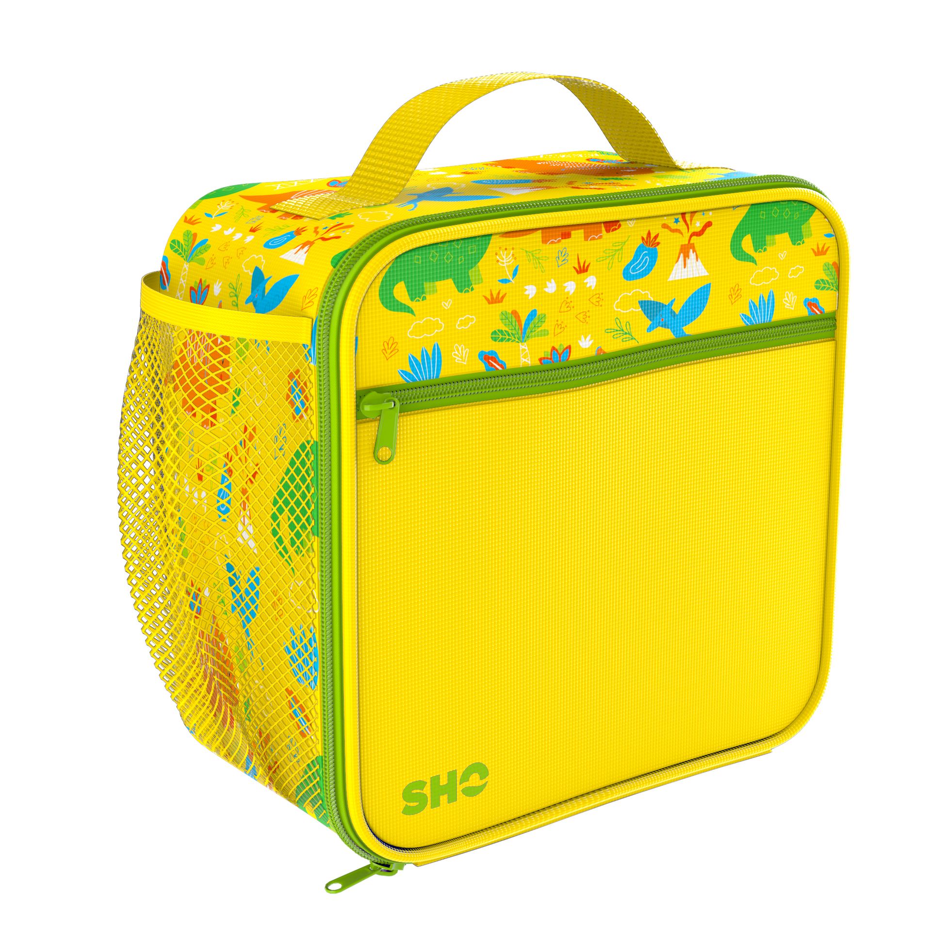 Yellow lunch bag with colorful dino design