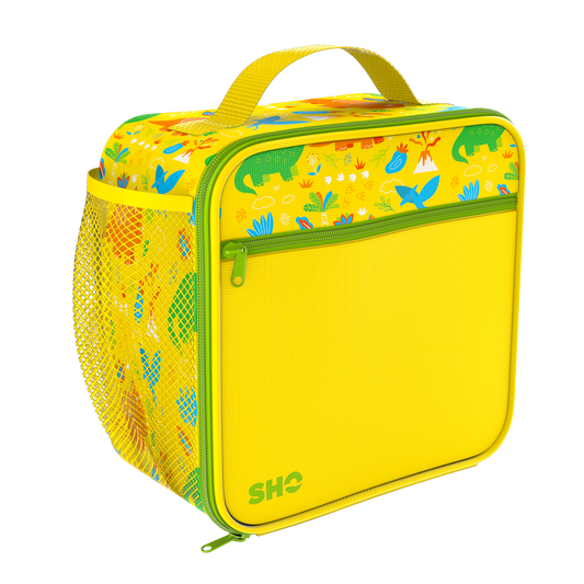 Yellow lunch bag with colorful dino design