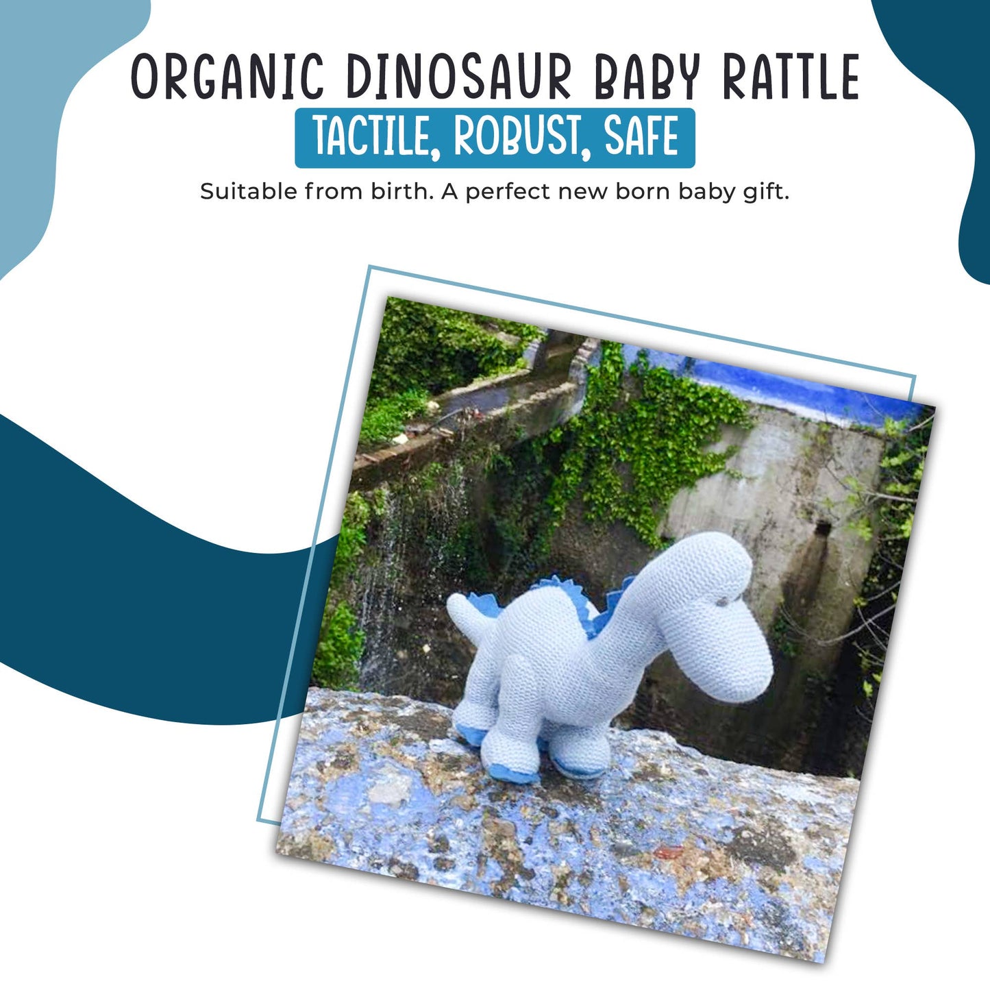 Dinosaur Baby Rattle, Knitted Organic Cotton Blue Diplodocus