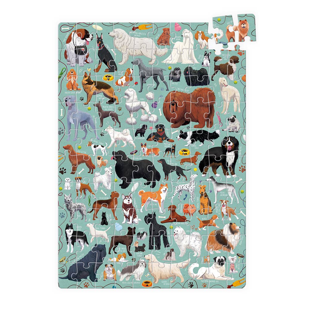 Puzzle with illustrations of various dogs on a light blue background