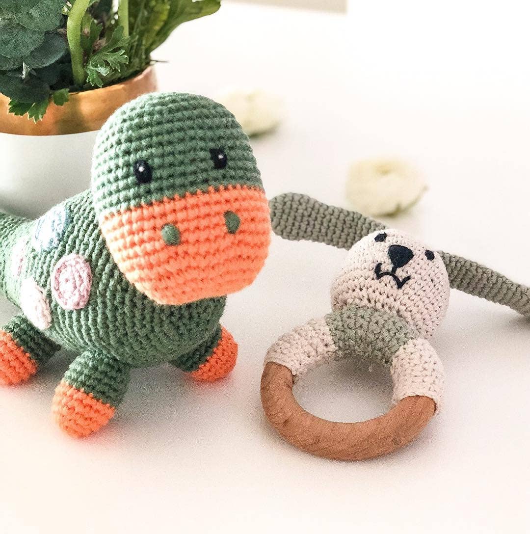 Crochet Baby Toy Dinosaur rattle - dippi - khaki
