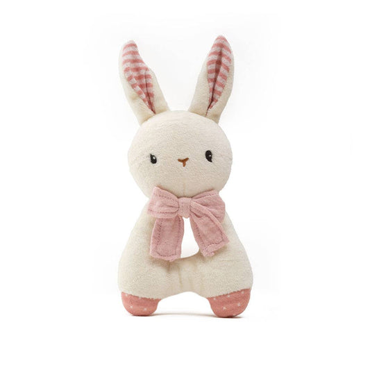 Stuffed bunny rattle with a pink bow on a white background