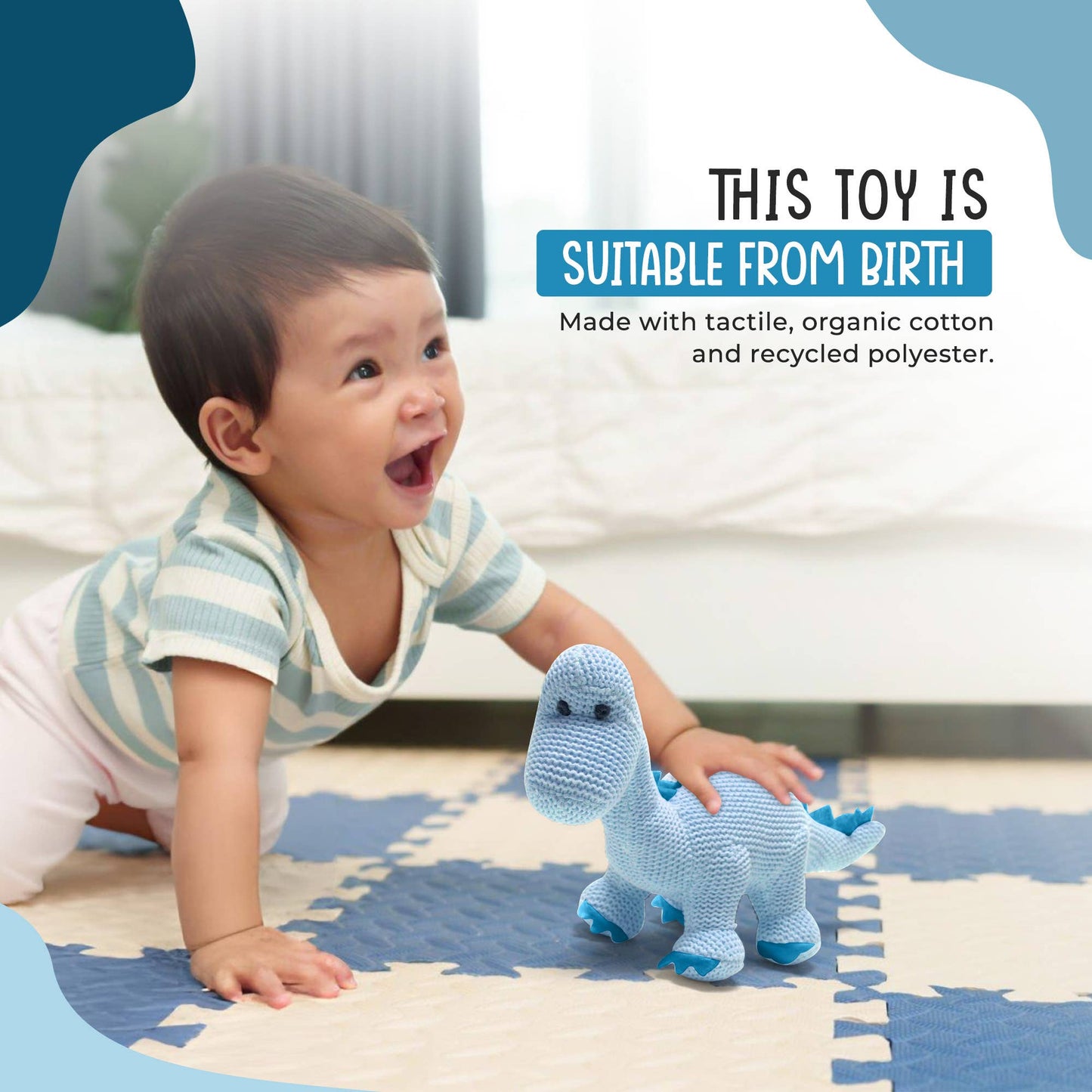 Dinosaur Baby Rattle, Knitted Organic Cotton Blue Diplodocus