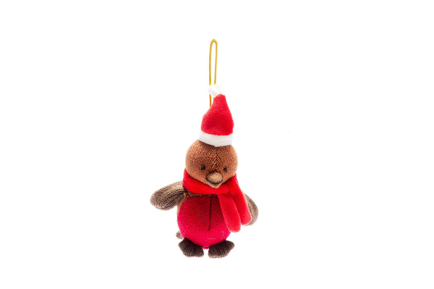 Small plush toy bear wearing a Santa hat and scarf on a white background