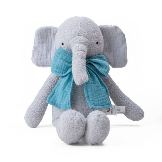 Gray plush elephant toy with a blue bow on a white background