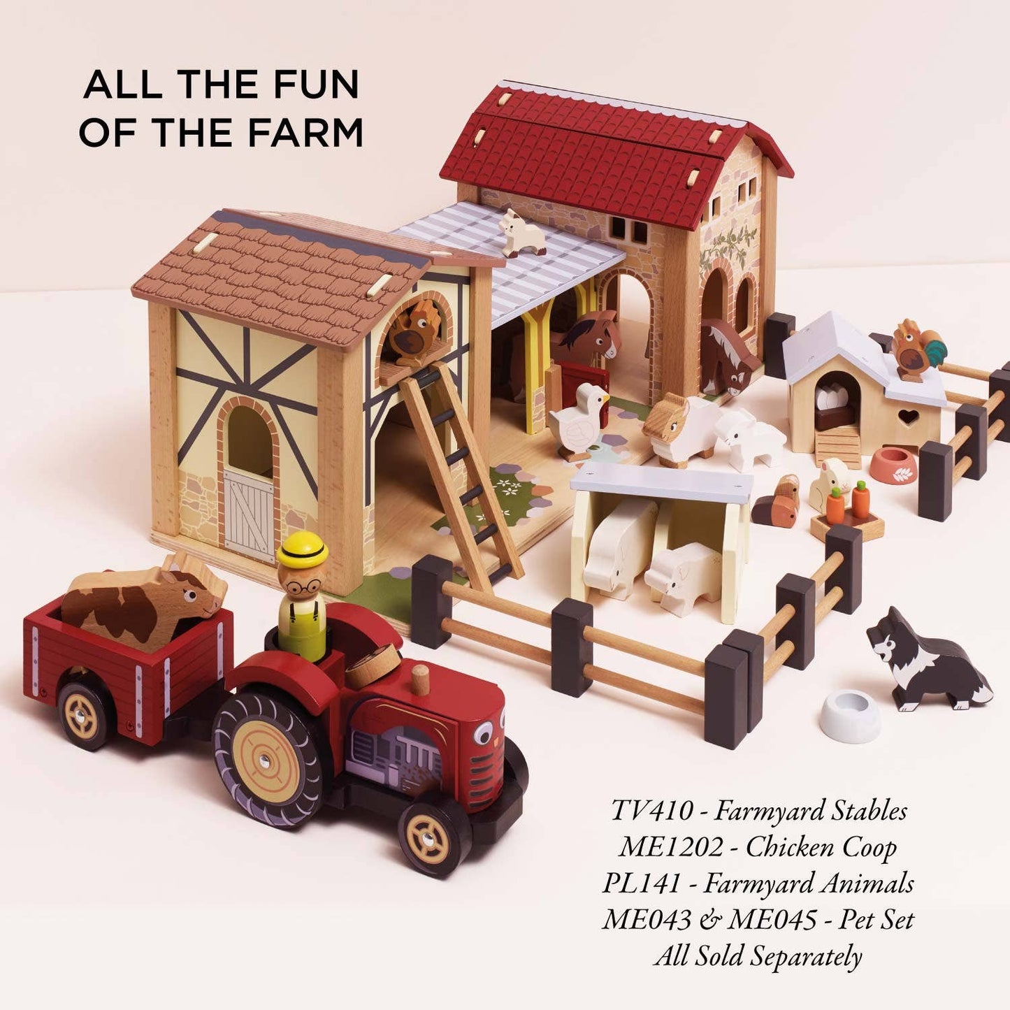 Toy farm set with buildings, animals, and a tractor on a beige background.